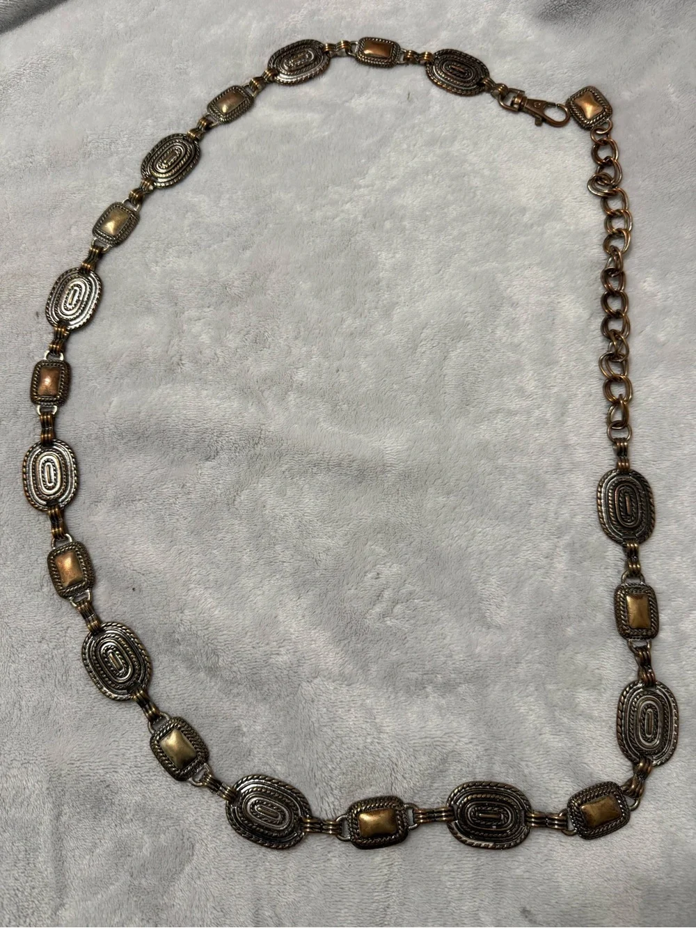 Vintage-Inspired Gold and Antique Copper Oval Link Belt.